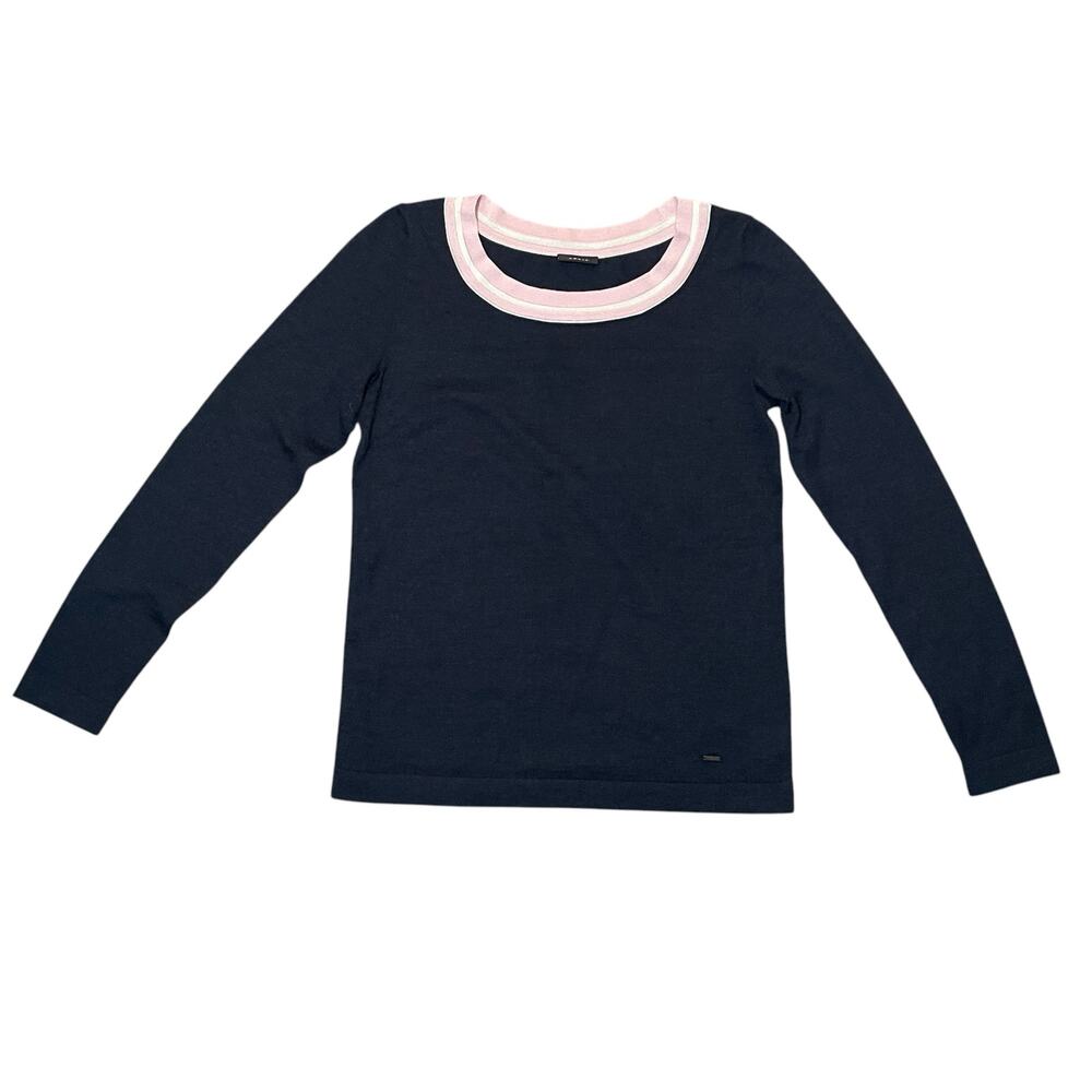 AKRIS Cashmere Mulberry Silk Long Sleeve Sweater Navy Blue Pink Collar US Size 6